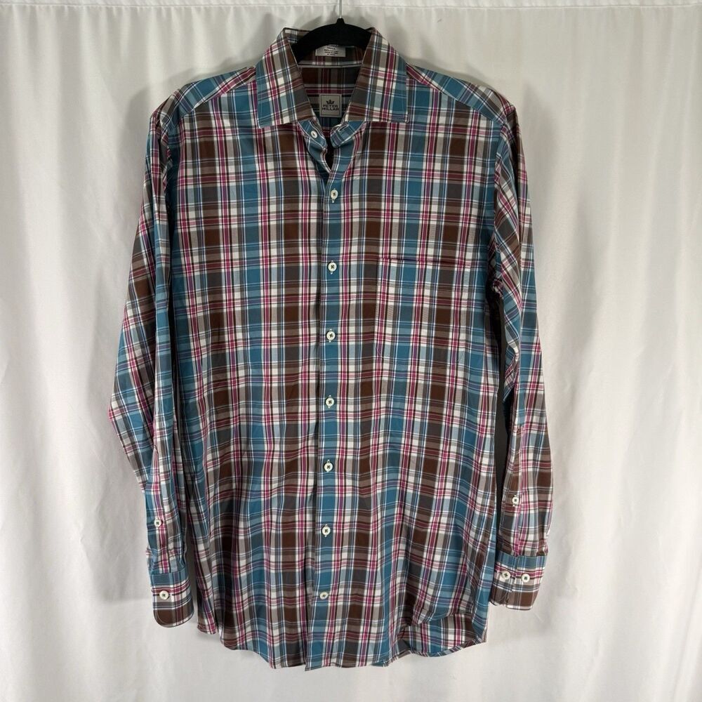 Peter Millar Dress Shirt Men's Small Green Brown Plaid Long Sleeve Cotton Button